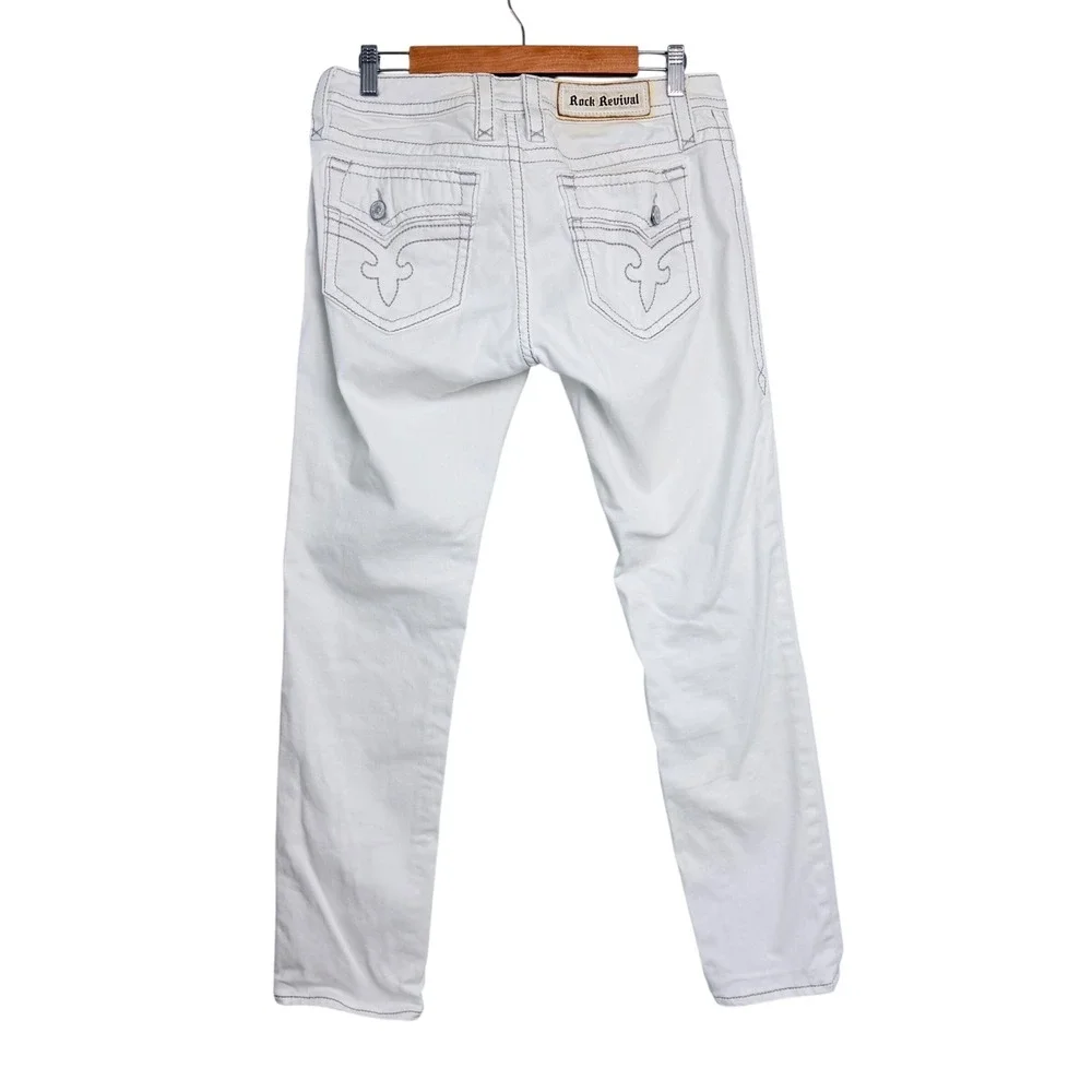 Rock Revival women's Arjean White Distressed Skinny‎ Jeans Thick Stitch 31